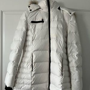 White hooded full length down jacket.